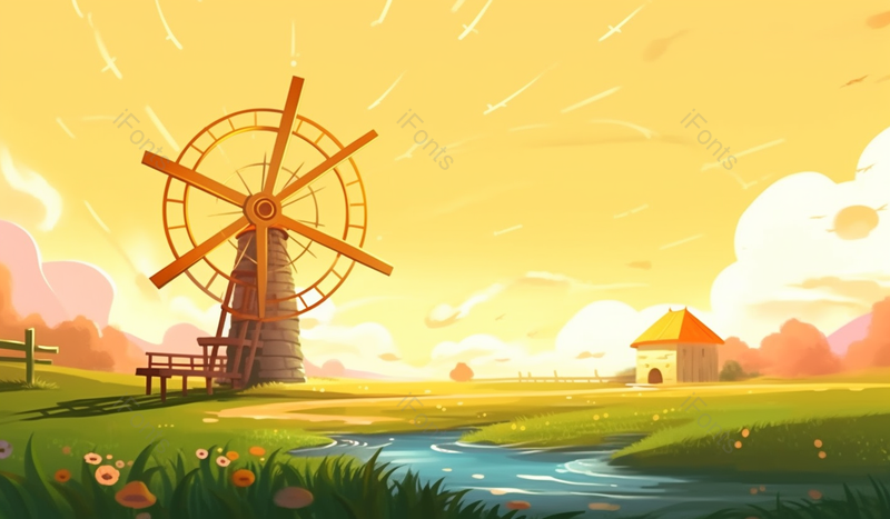 黄昏下风车矗立在开满鲜花的绿地手绘插画,插画/手绘图,插画/手绘图库,插画/手绘图下载,插画/手绘